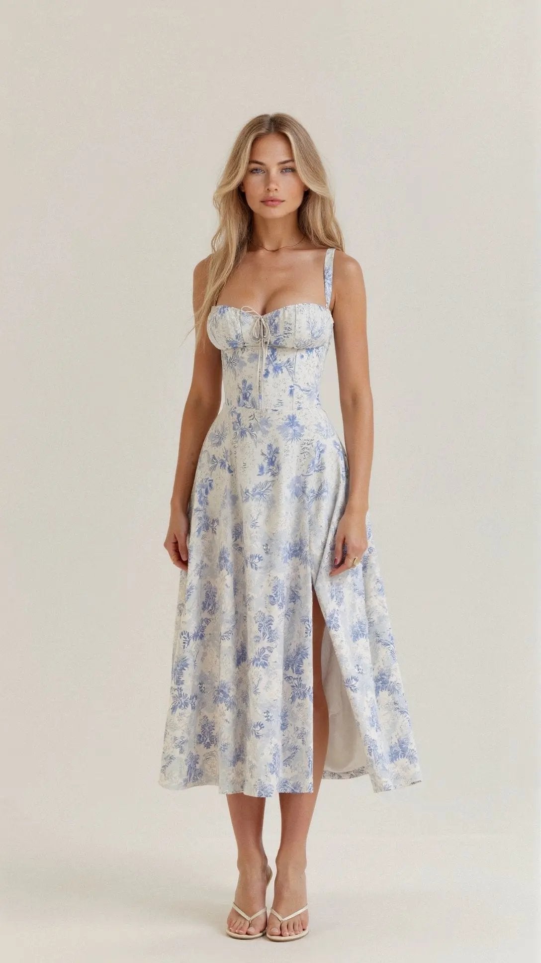 Light blue floral sleeveless midi dress with ruched square neckline and midi length