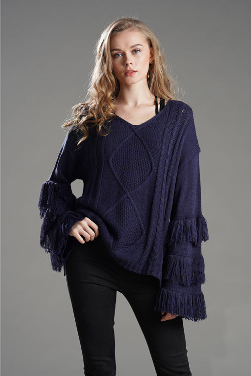 Navy tassel knit sweater with V-neck and tassel cuff trim