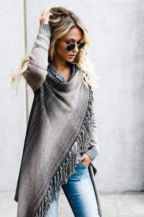 Tassel sweater coat in dark grey knit with fringe trim and draped cowl neckline