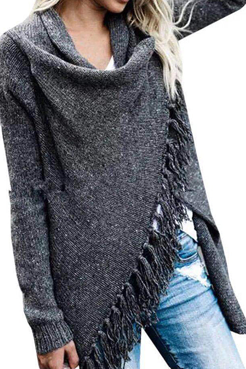 Tassel sweater coat close-up: heather grey knit with long fringe trim at front