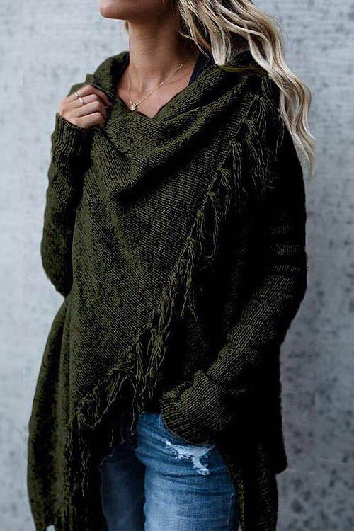 Tassel sweater coat in dark green knit with draped cowl neck and fringe accents