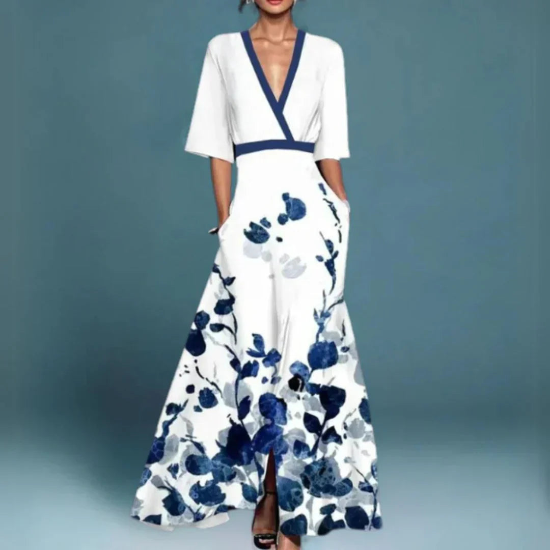 Embroidered chiffon maxi dress, deep V-neck, half sleeves, white with navy floral