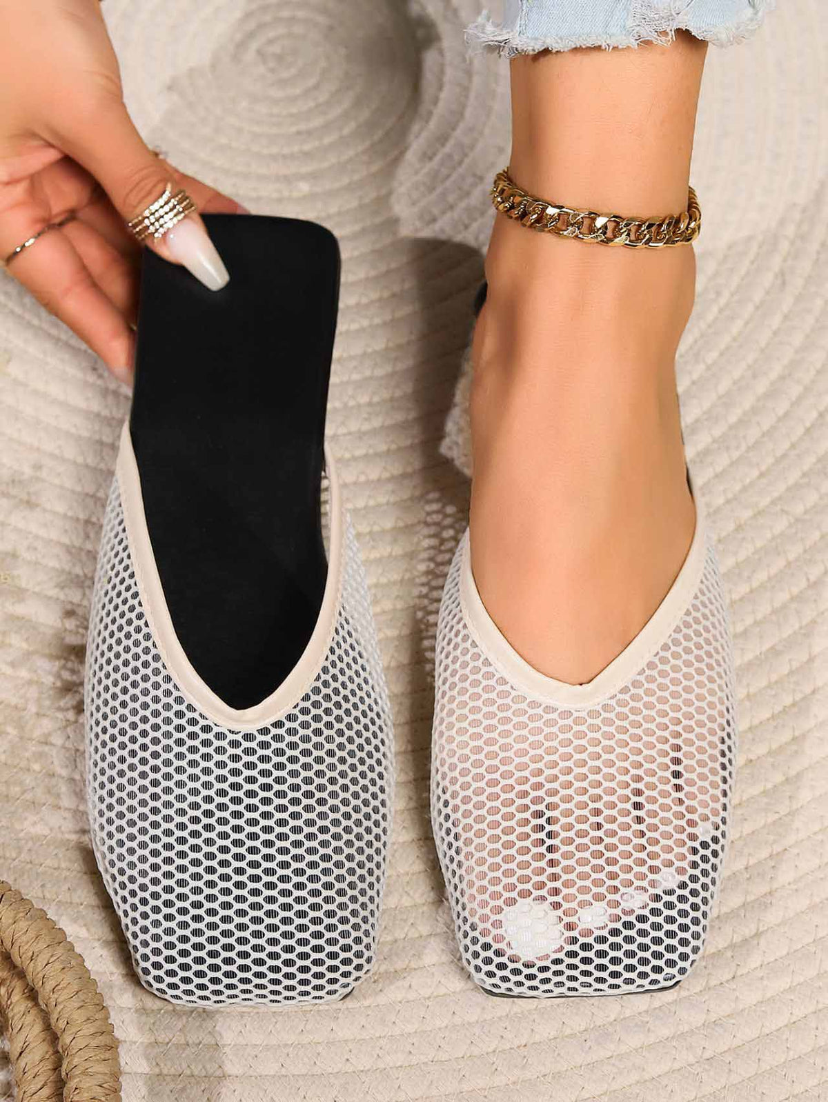 White mesh mules, flat slip-on with breathable square toe and scalloped topline.