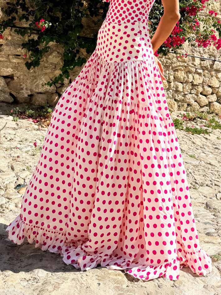 Pink polka-dot chiffon strapless tiered ruffle maxi dress