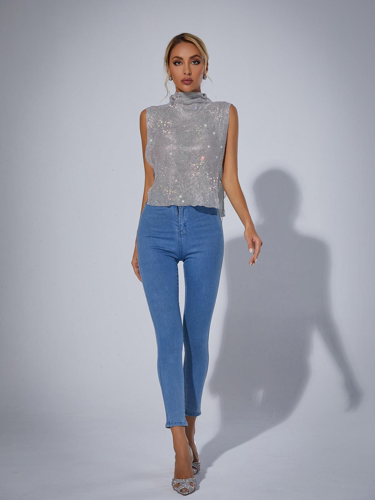 Silver rhinestone mesh sleeveless high-neck top with backless cutout