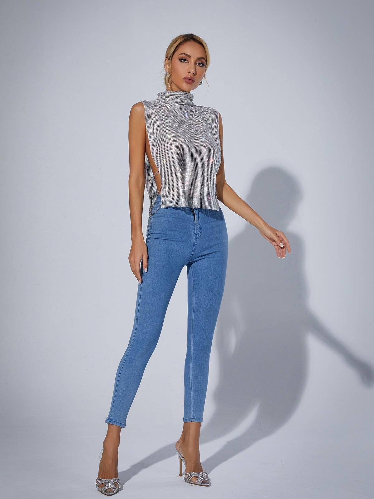 Silver rhinestone mesh sleeveless high-neck top with backless design