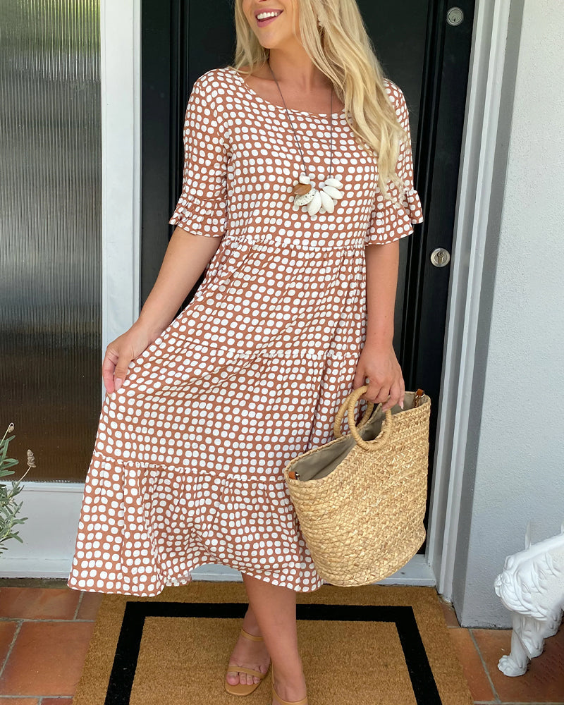 Polka dot midi dress with smocked waist, flutter sleeves and ruffle hem, brown/white dots