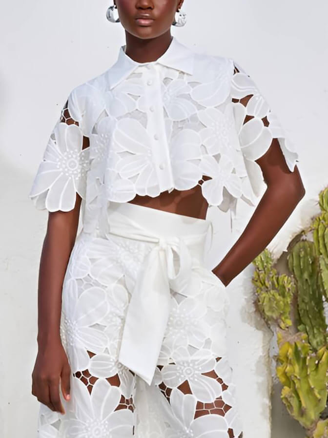 White lace cropped blouse with layered floral cutwork short sleeves and buttons