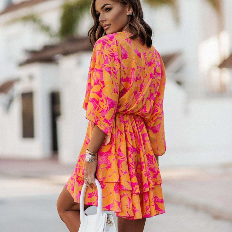 Orange floral chiffon mini dress, 3/4 loose sleeves, V-neck, tiered ruffle hem