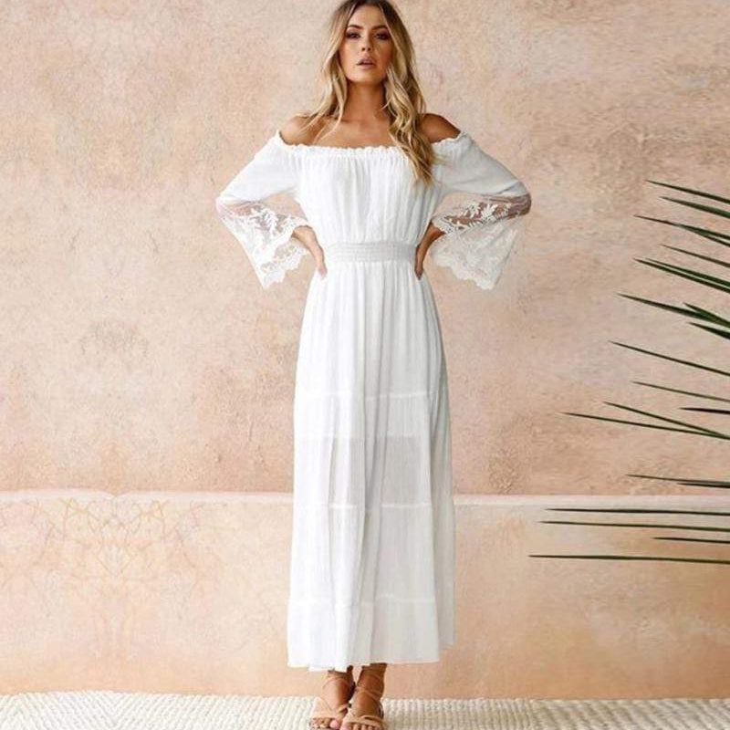 White off-shoulder cotton maxi dress with lace cuffs, smocked bodice, tiered skirt