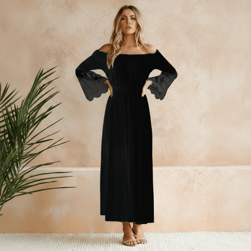 Black off-shoulder cotton maxi dress with long lace sleeves and tiered skirt