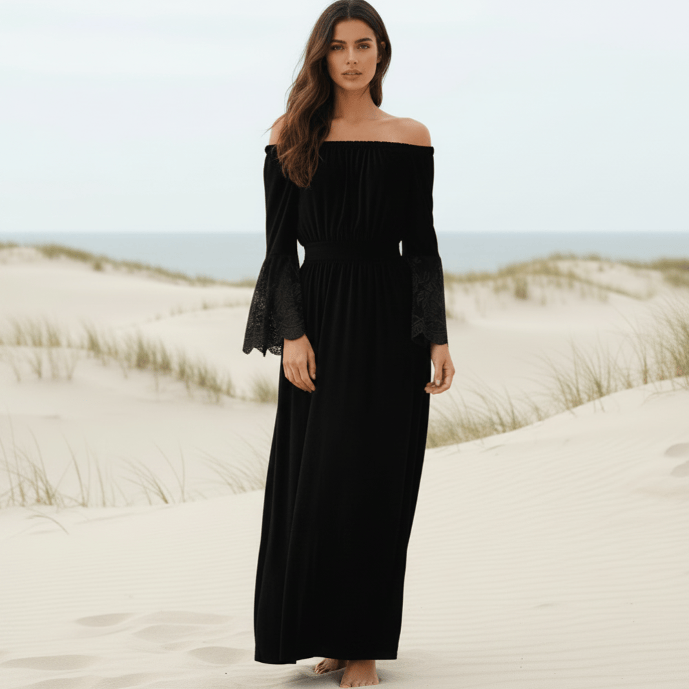 Black cotton off-shoulder maxi dress with smocked waist and lace-trim bell sleeves