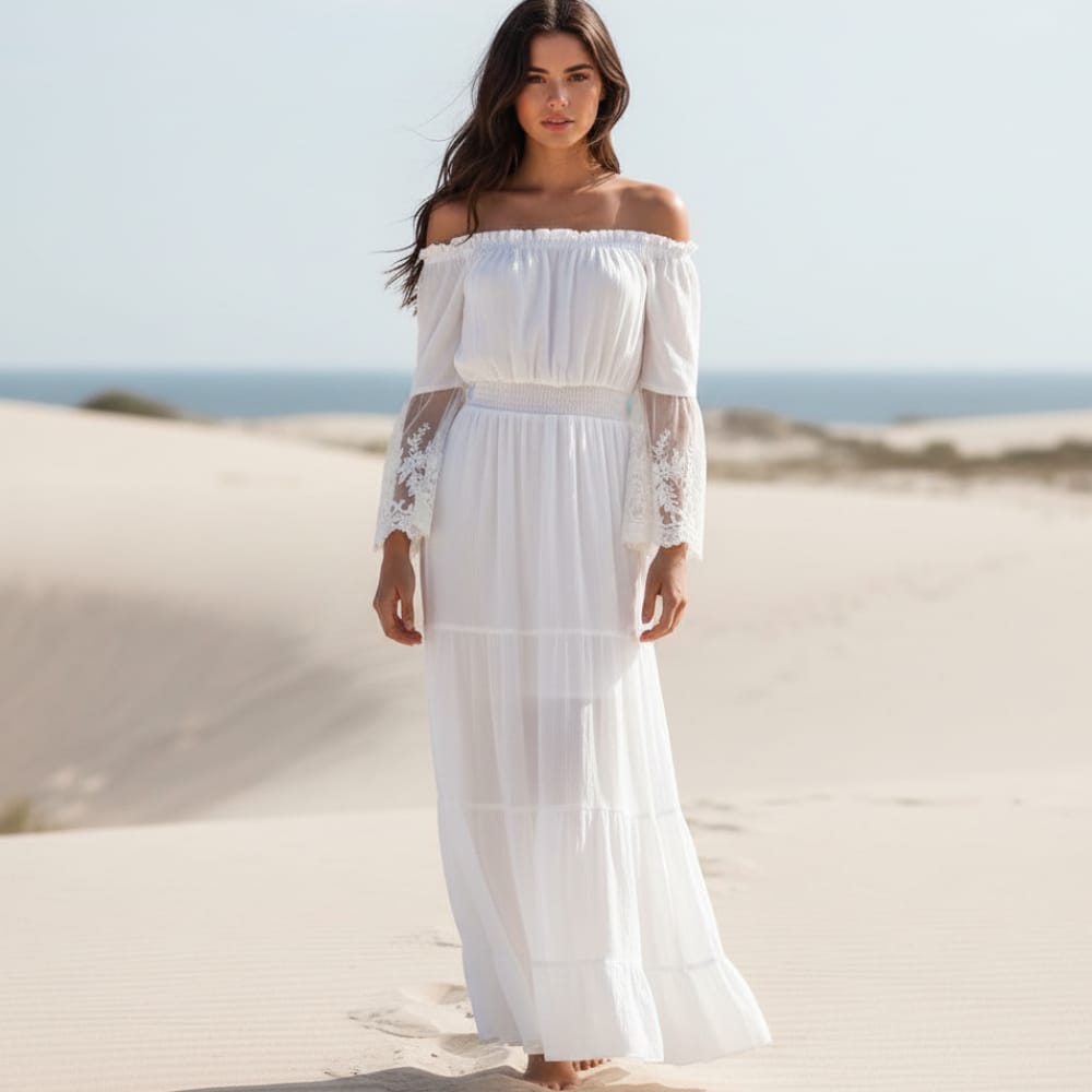 White cotton off-shoulder maxi dress with smocked waist and lace-trim bell sleeves