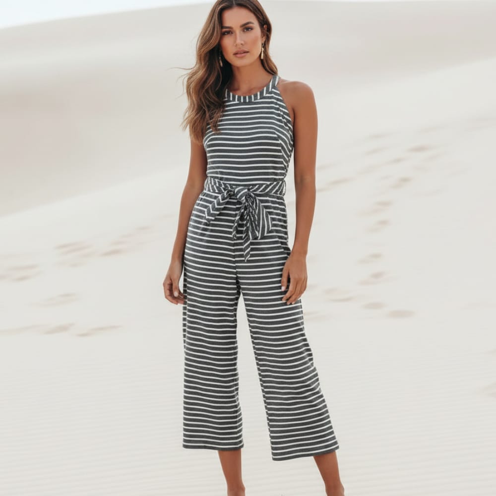Sleeveless striped linen jumpsuit with tie waist and cropped wide legs, black-and-white
