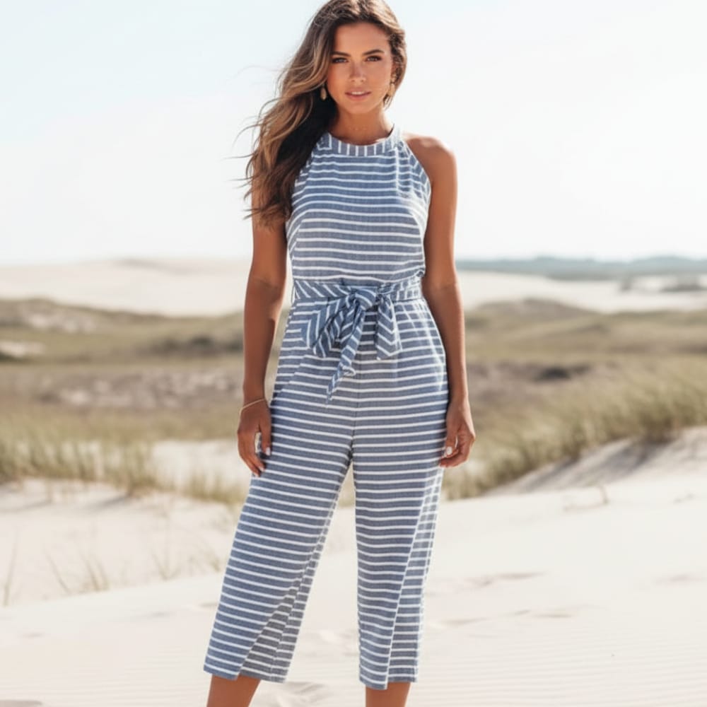 Sleeveless striped linen jumpsuit with tie waist, blue-and-white stripes and cropped wide legs