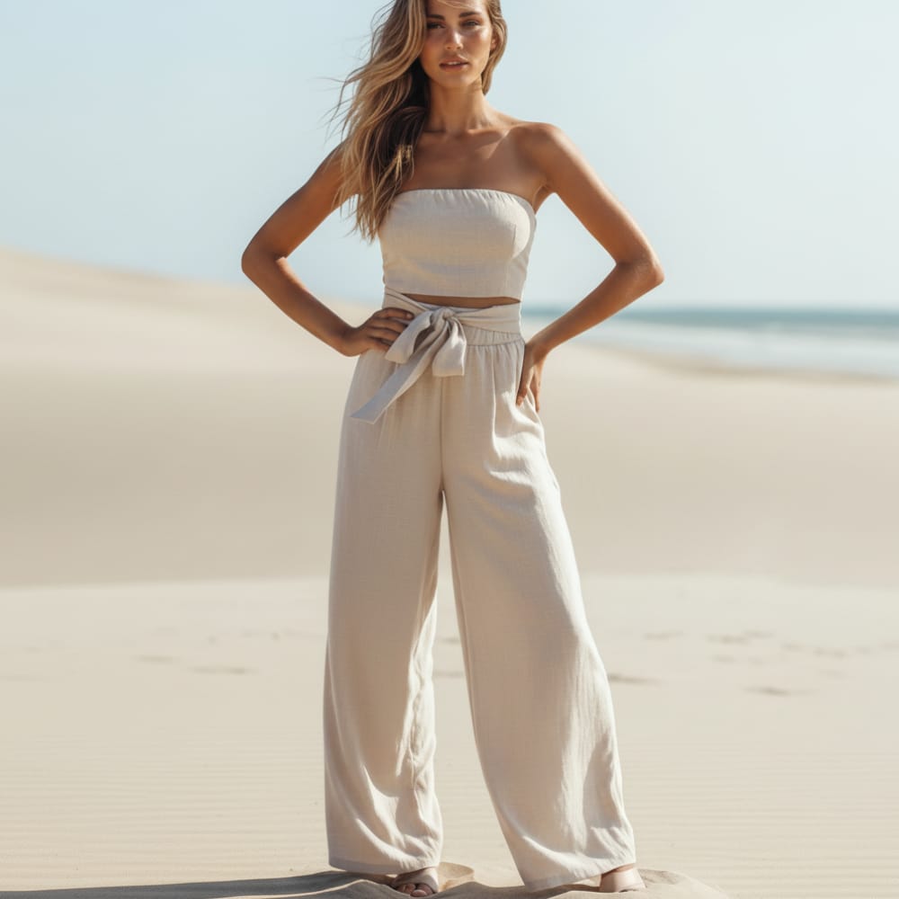 White strapless linen jumpsuit with drawstring bow at waist, wide pant legs