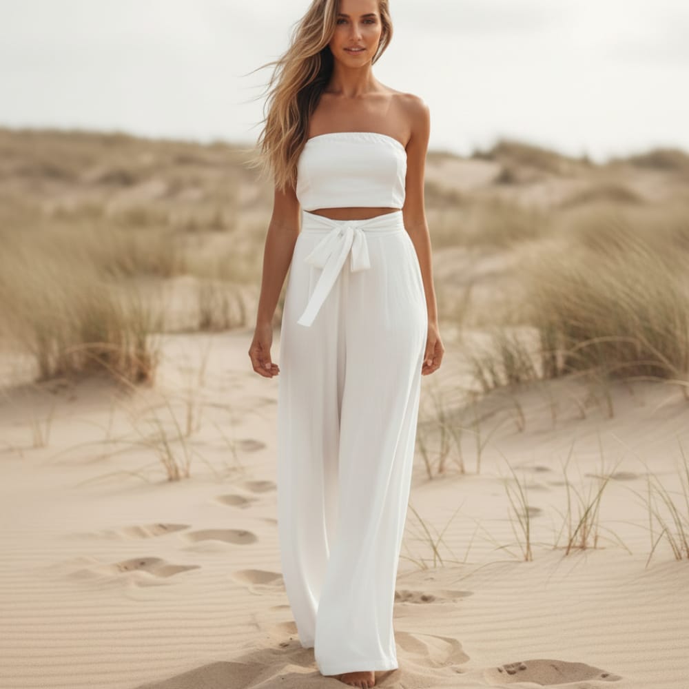 White strapless wide-leg jumpsuit with tied waist bow