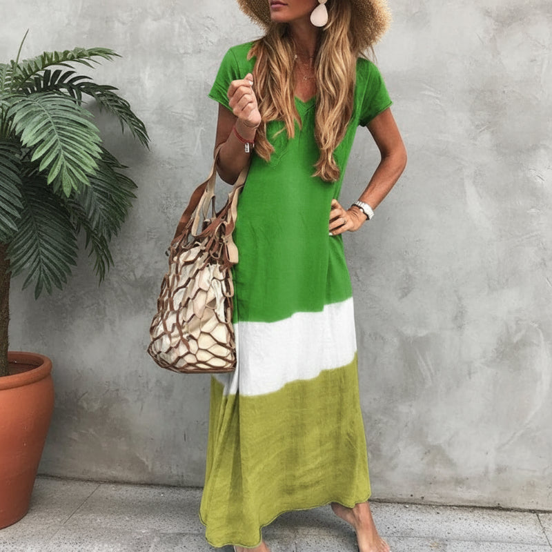 Colorblock maxi dress with V-neck and short sleeves, green/white/yellow panels.