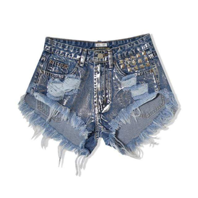 Distressed denim cutoff shorts with stud-trim and frayed hem