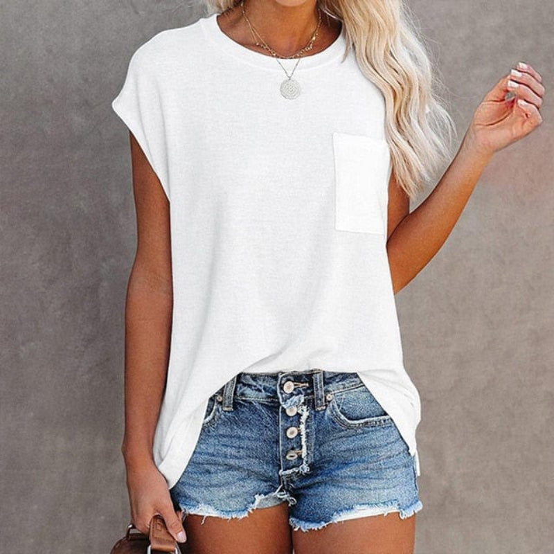 Relaxed-fit cotton cap-sleeve crewneck top, white, chest pocket
