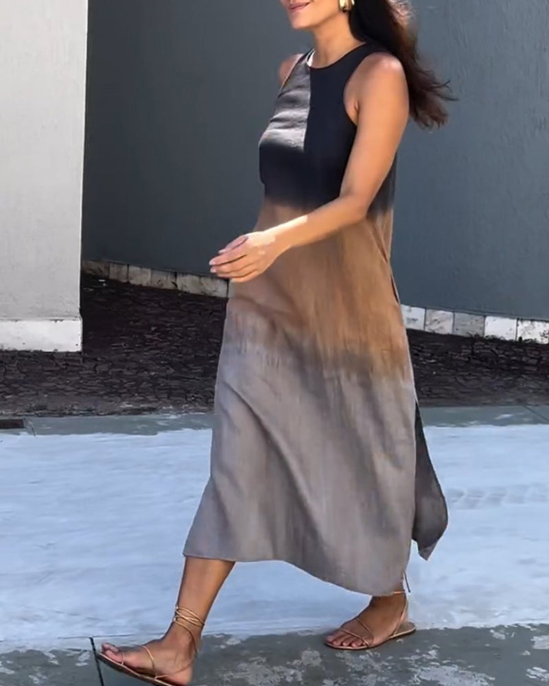 Sleeveless viscose ombre midi dress, crew neck with side slit, dark to gray gradient.