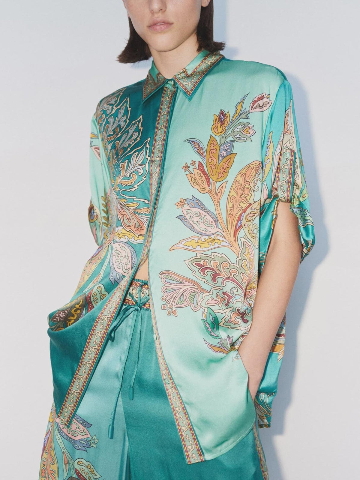 Women’s satin button-up shirt, turquoise with botanical paisley print and waist tie