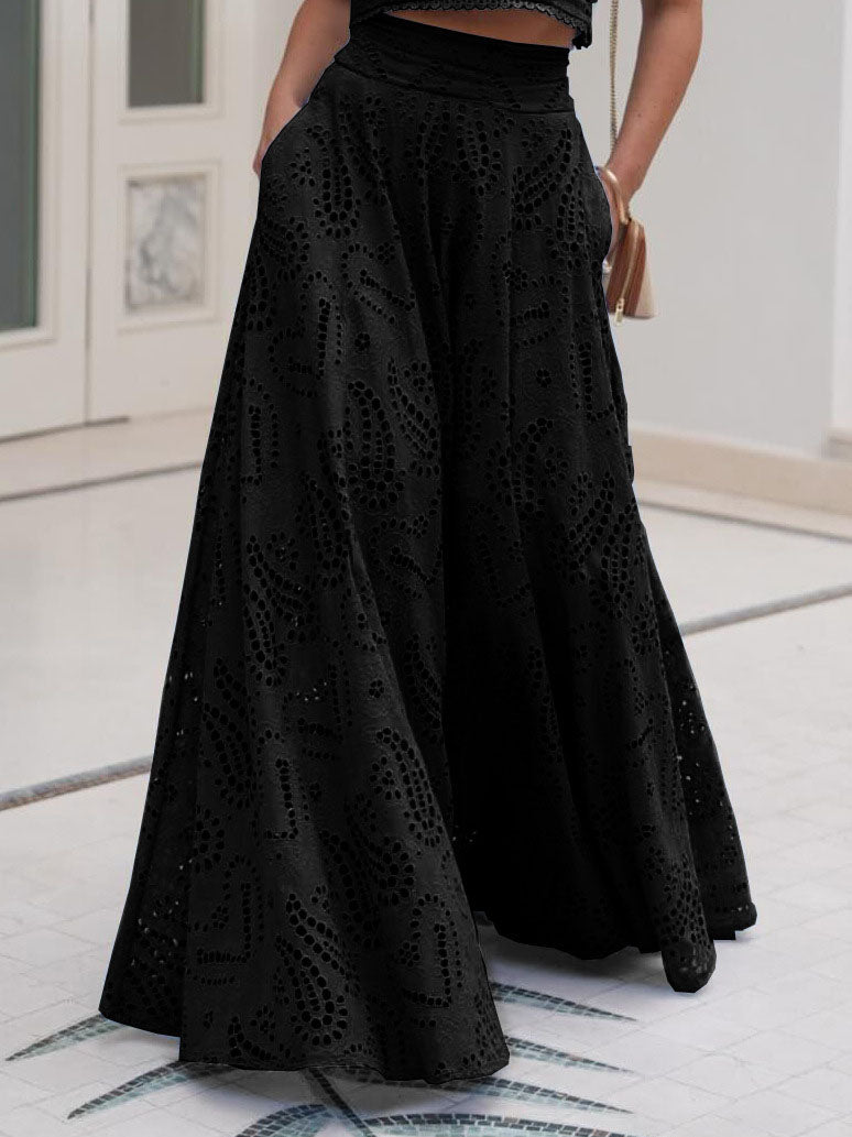 Black eyelet lace high-waist maxi skirt, full A-line flare with dense cutout pattern