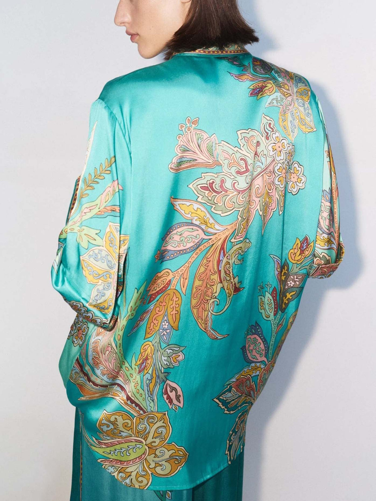 Women’s satin backless? no—relaxed satin shirt with turquoise botanical paisley print