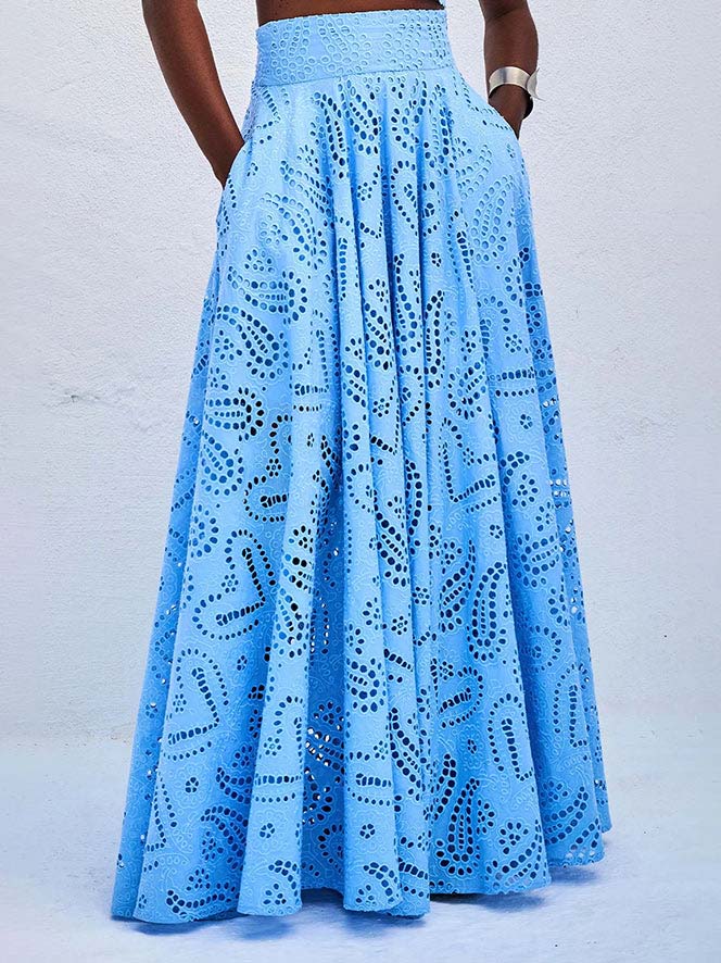 Light blue eyelet lace high-waist maxi skirt, full A-line flare with cutout pattern