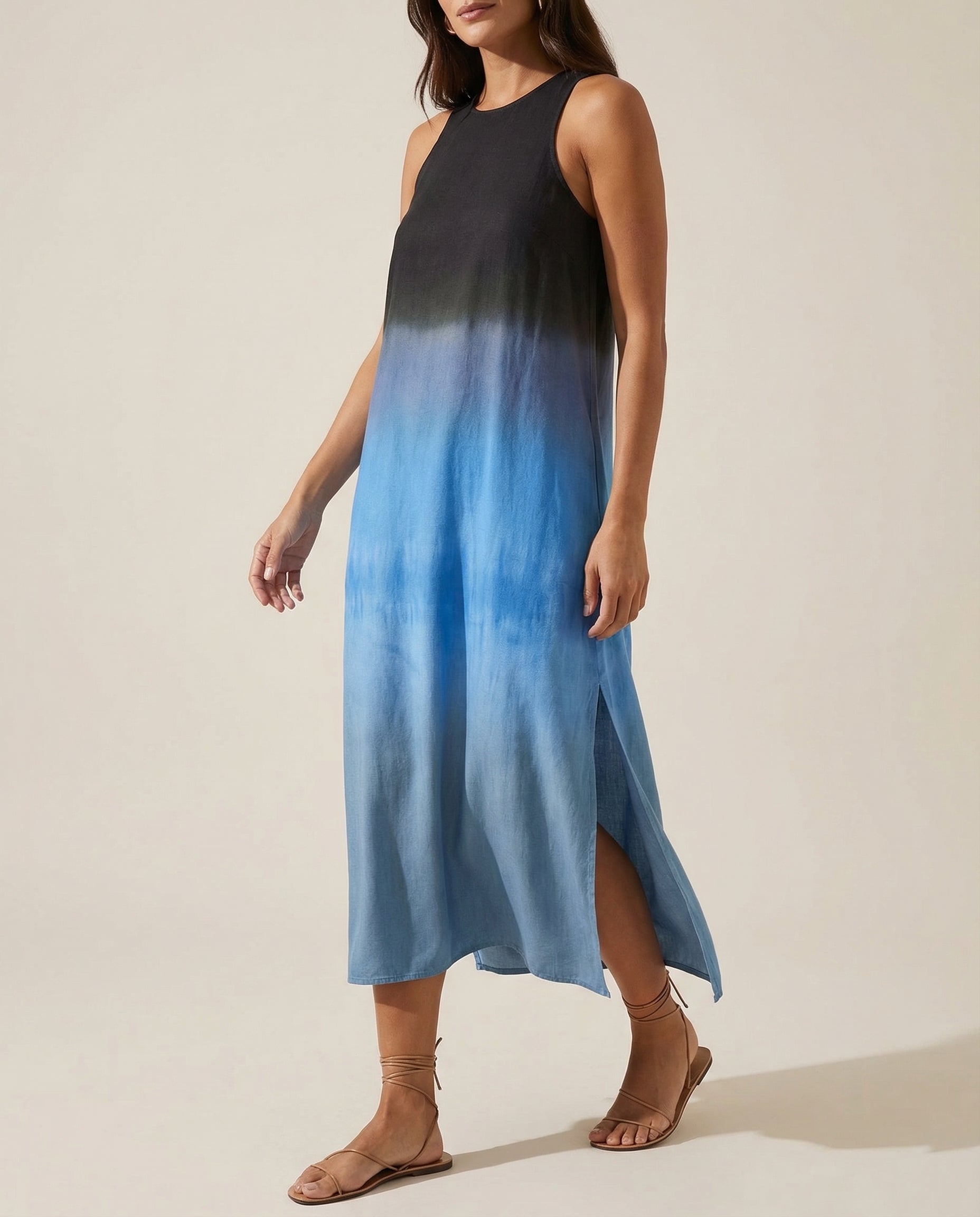 Ombre midi dress, sleeveless crew neck with side slit in sky blue and dark gray