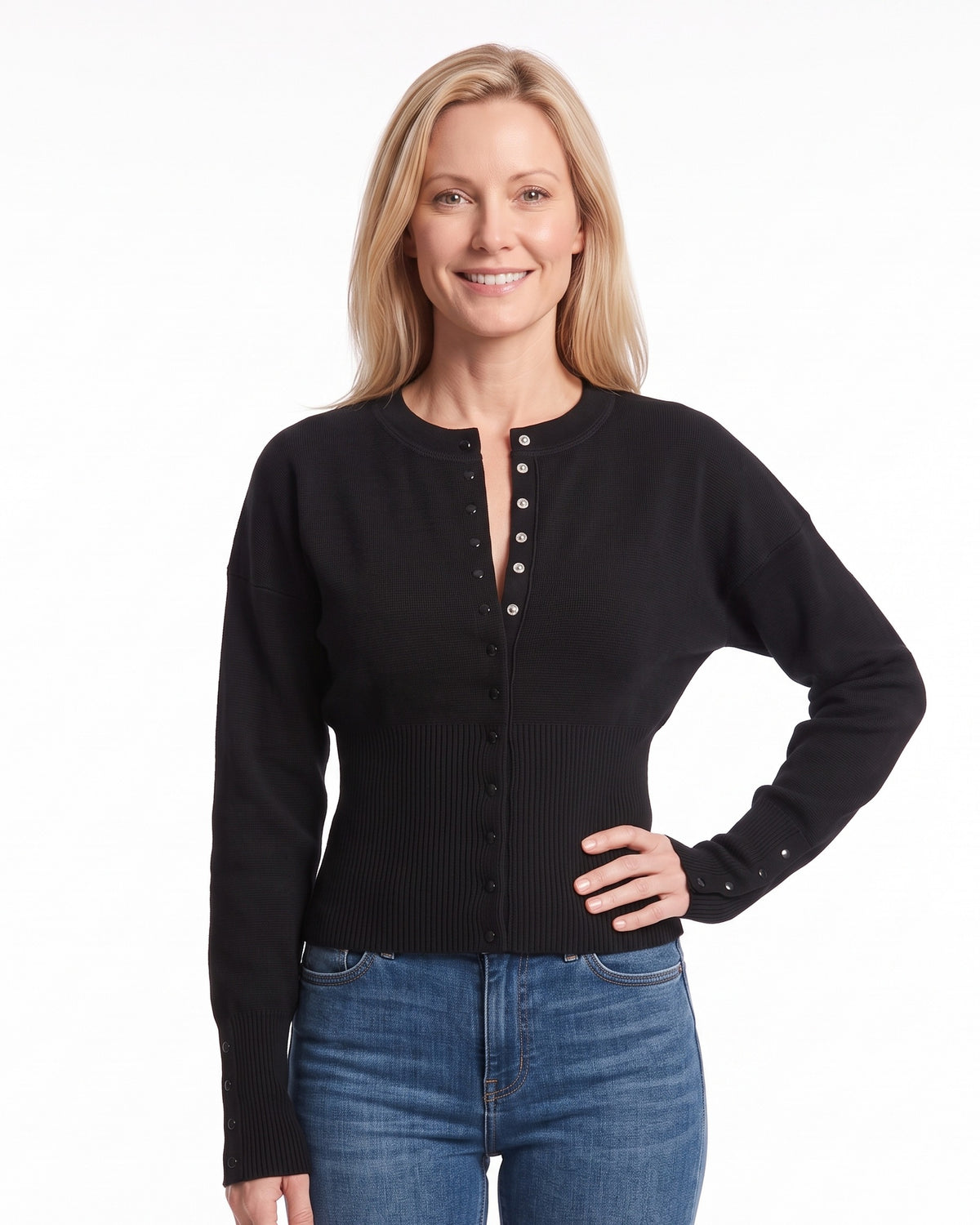 Black merino wool button-front cardigan with crew neck and ribbed waist, long sleeves