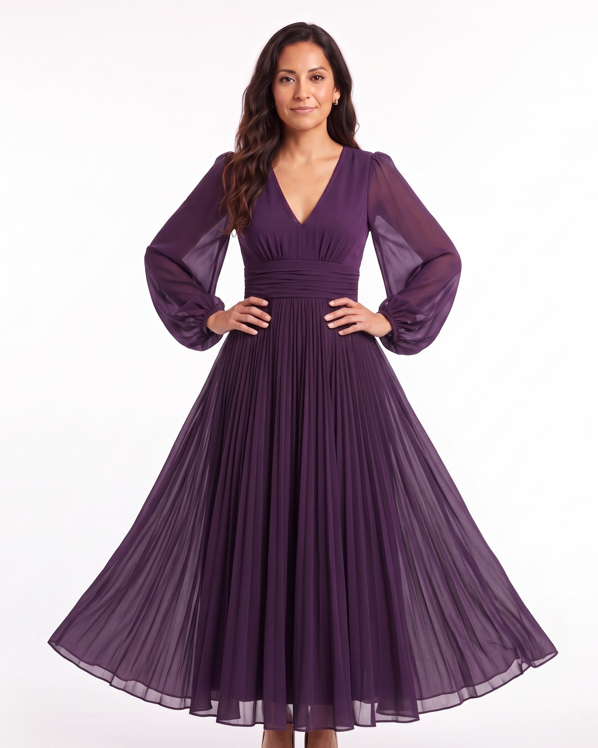 Purple chiffon midi dress with long puff sleeves, V-neck, ruched waist, pleated A-line skirt