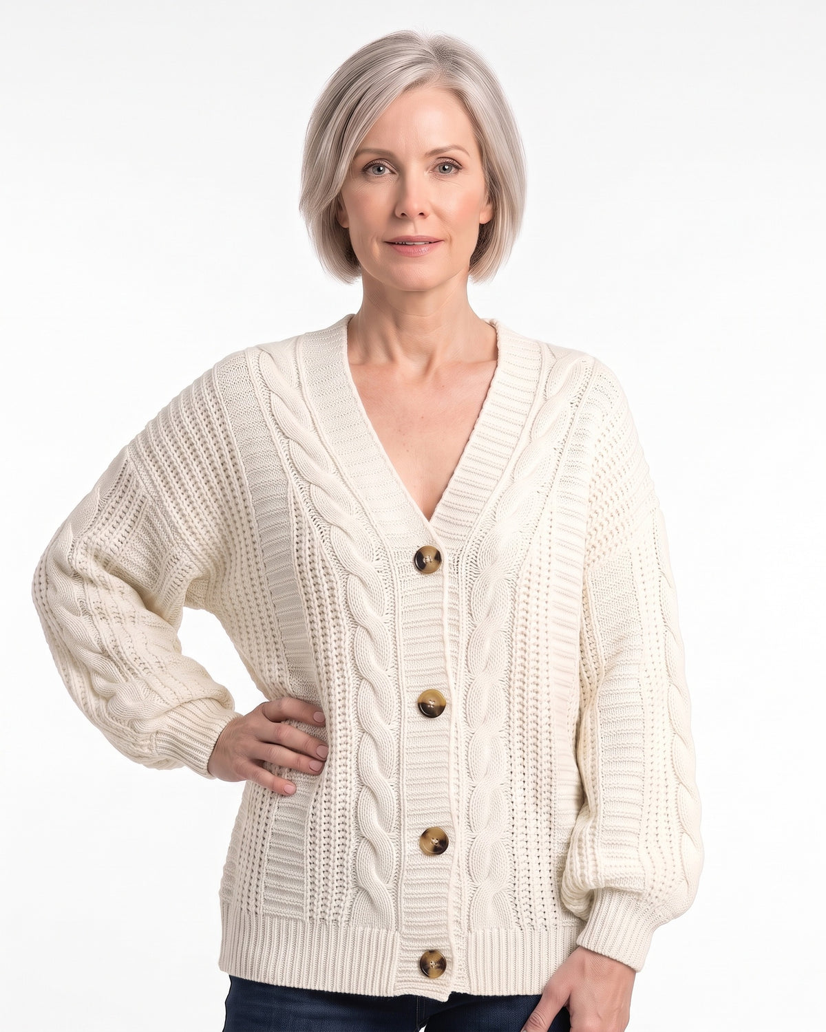 Chunky Cable Knit Cardigan — Slouchy Boyfriend Button Down Sweater with Bishop Sleeves in Wool