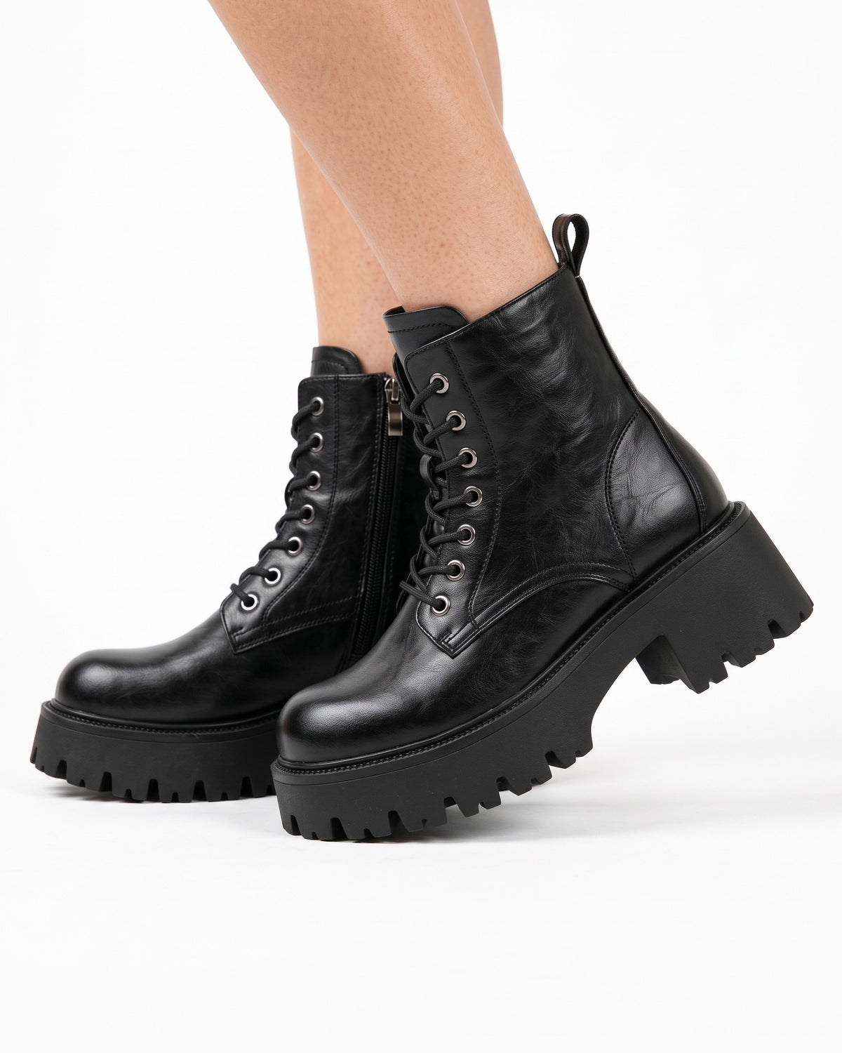 Chunky Platform Combat Boots for Women — Lug Sole Moto Boots with Side Zip in Faux Leather