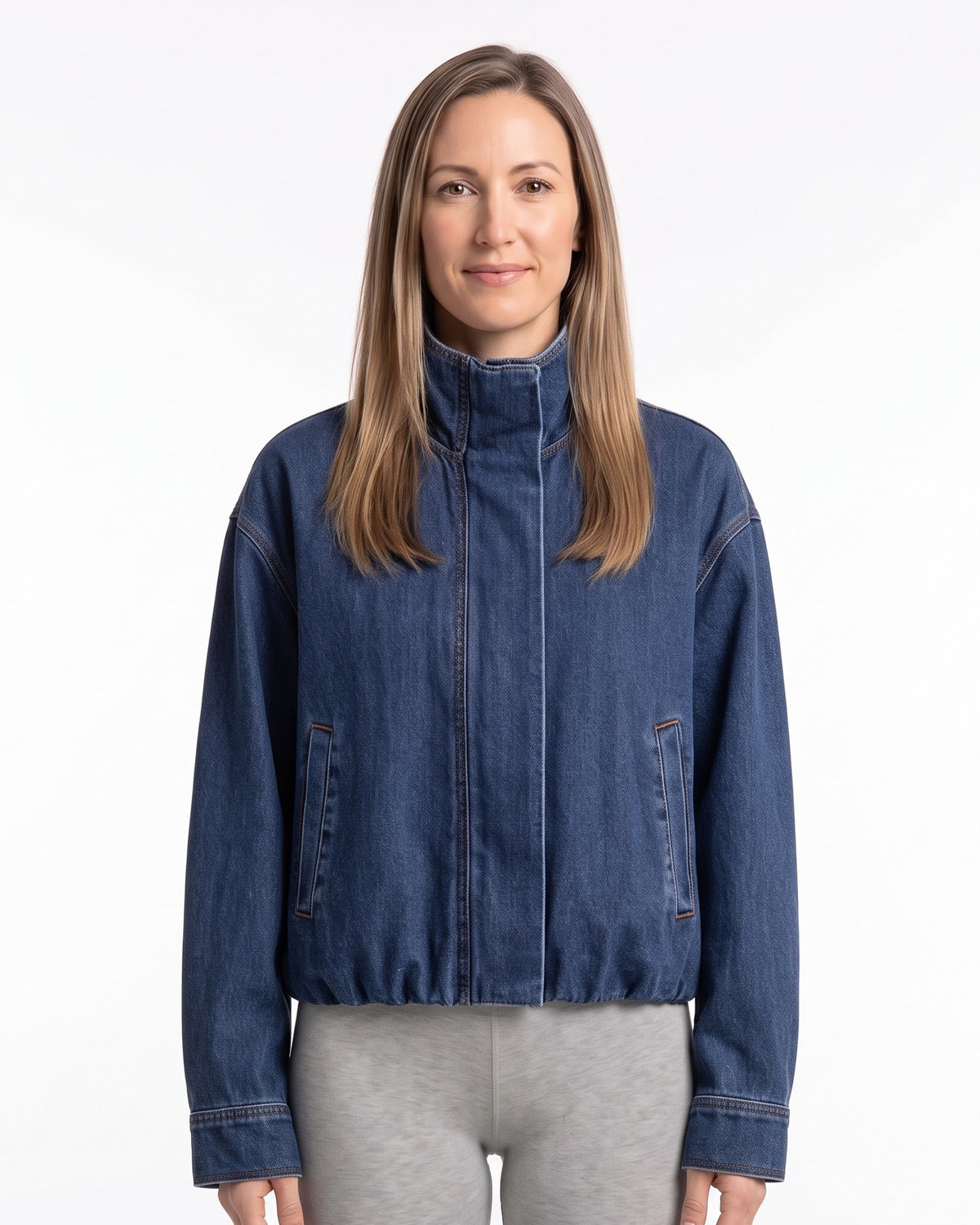 Cropped Denim Jacket for Women — Boxy Bomber with Stand Collar for Everyday Layering