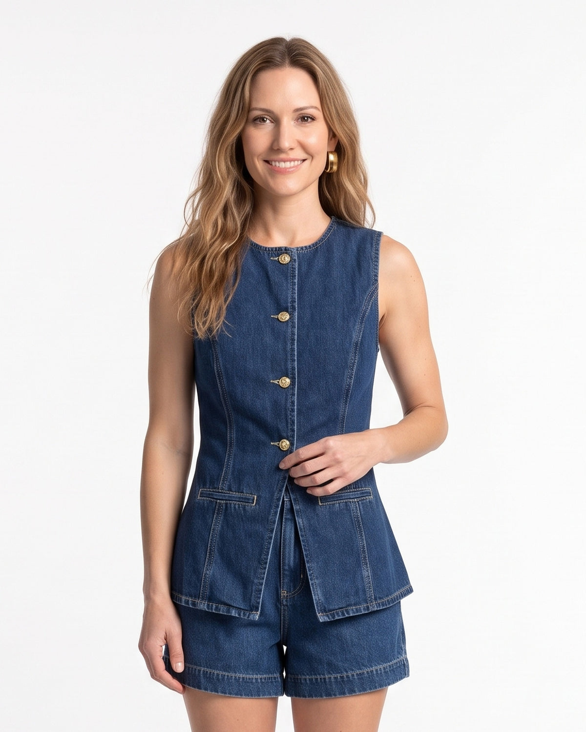 Denim waistcoat and shorts set, sleeveless button front, blue with patch pockets.