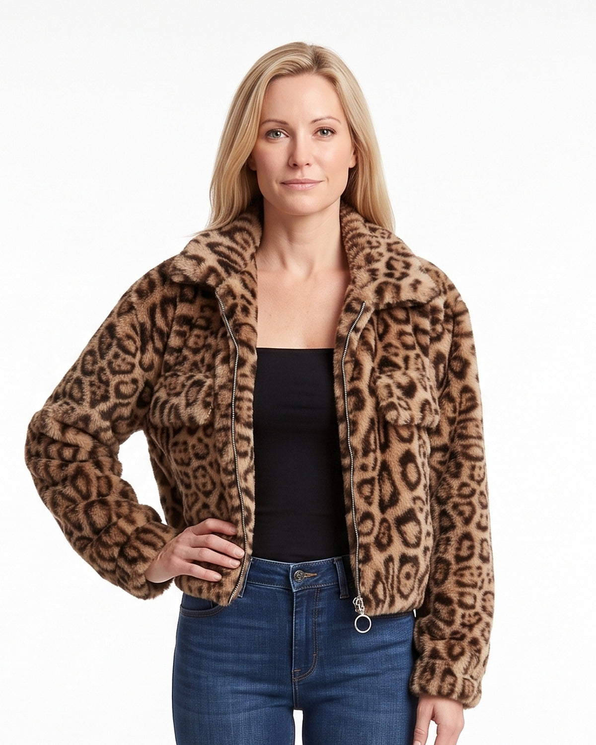 Women’s leopard faux fur zip-up jacket with chest flap pockets and boxy fit