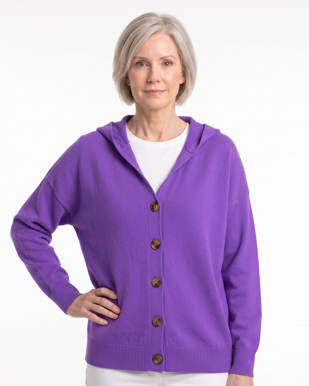 Women's purple hooded cardigan sweater, button front, drop-shoulder long sleeves