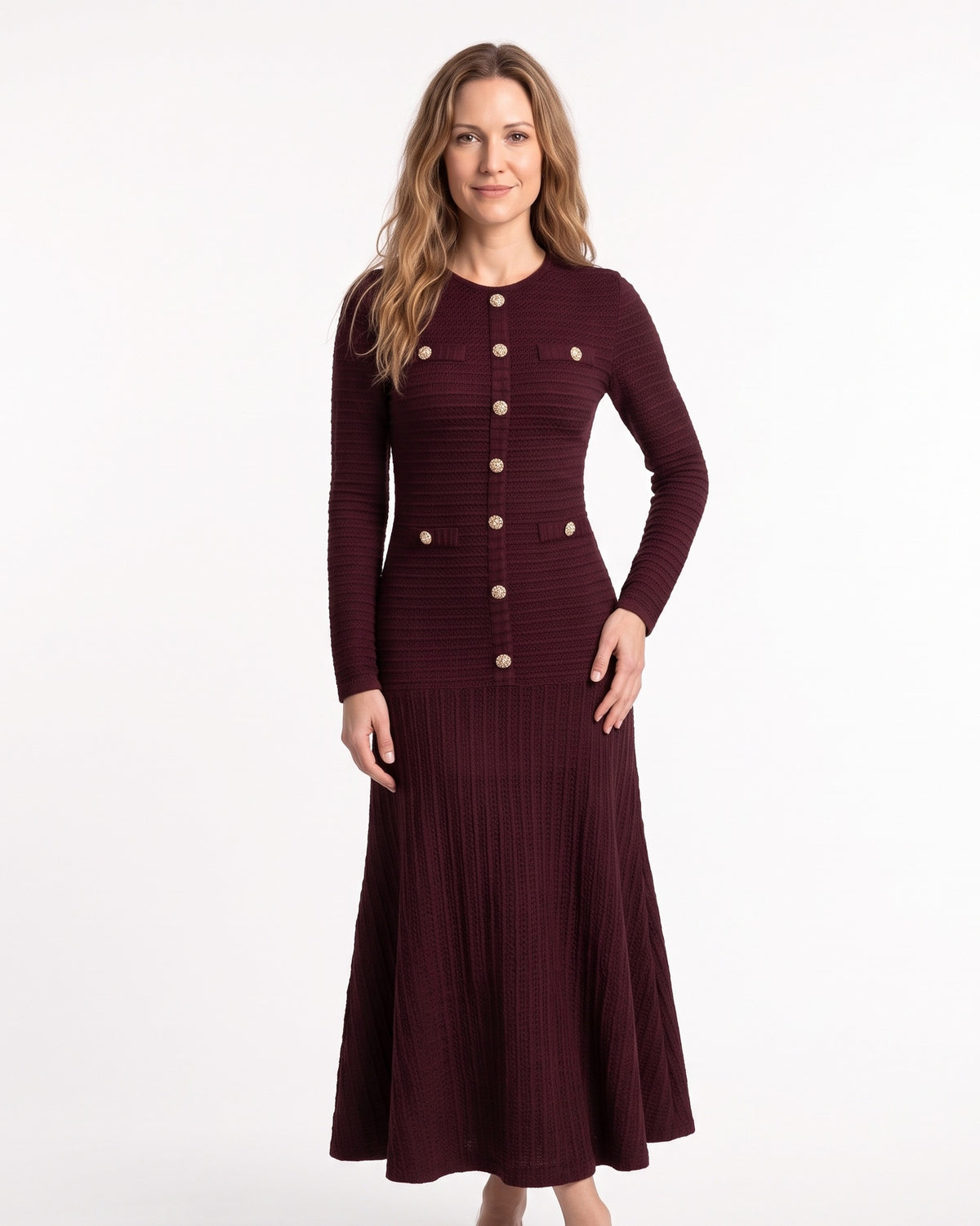 Burgundy textured knit maxi dress with long sleeves, button front, flap pockets, mermaid hem