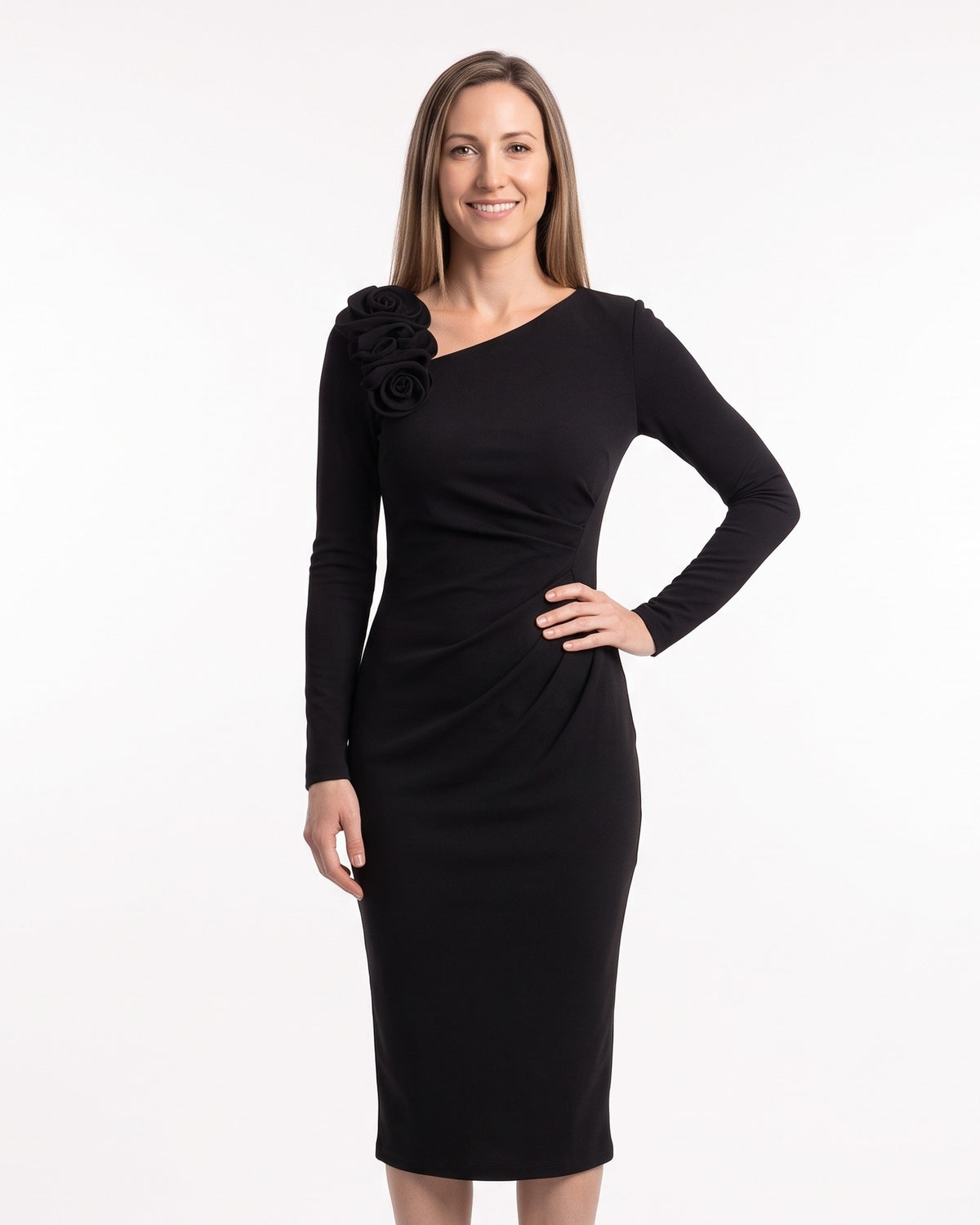 Black long-sleeve bodycon midi dress with ruched waist and flower applique shoulder