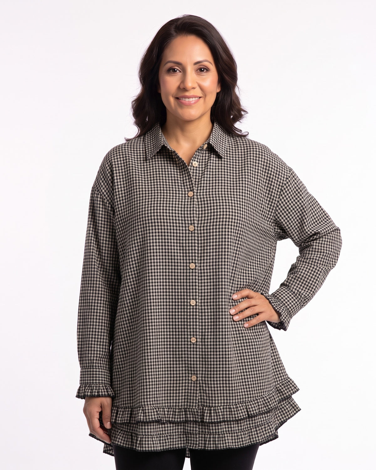 Oversized plaid swing top with button front, long sleeves, tiered high-low hem