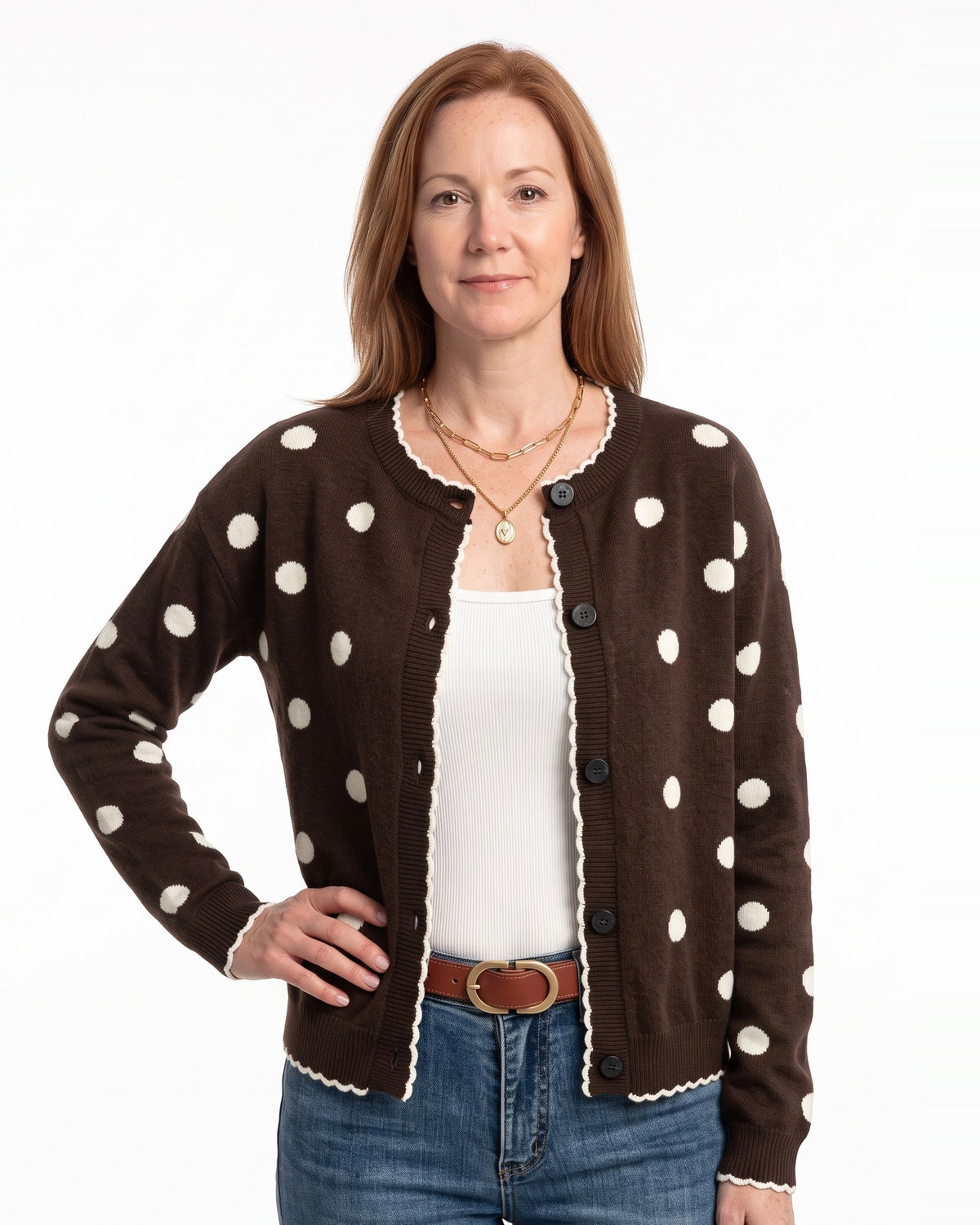 Women's brown polka dot cardigan sweater, button front knit with scalloped trim