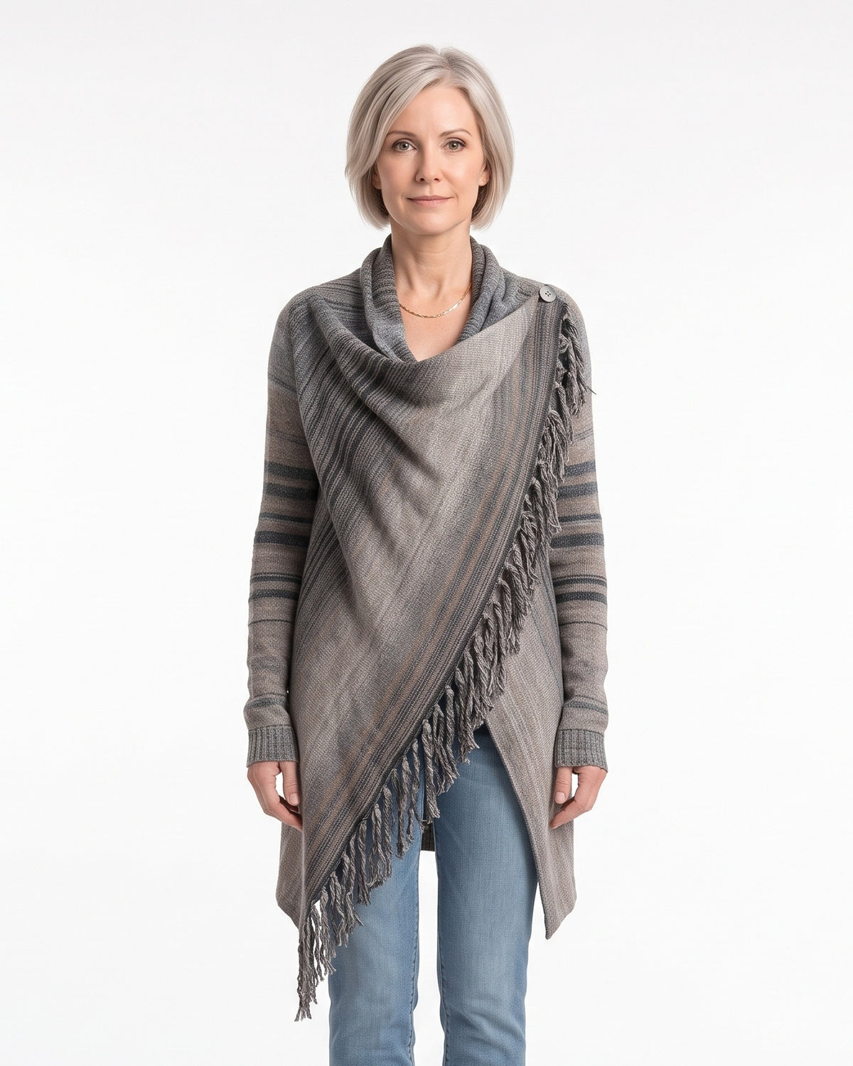 Shawl Collar Cardigan for Women — Open Front Tassel Knit with Draped Cowl in Wool Blend