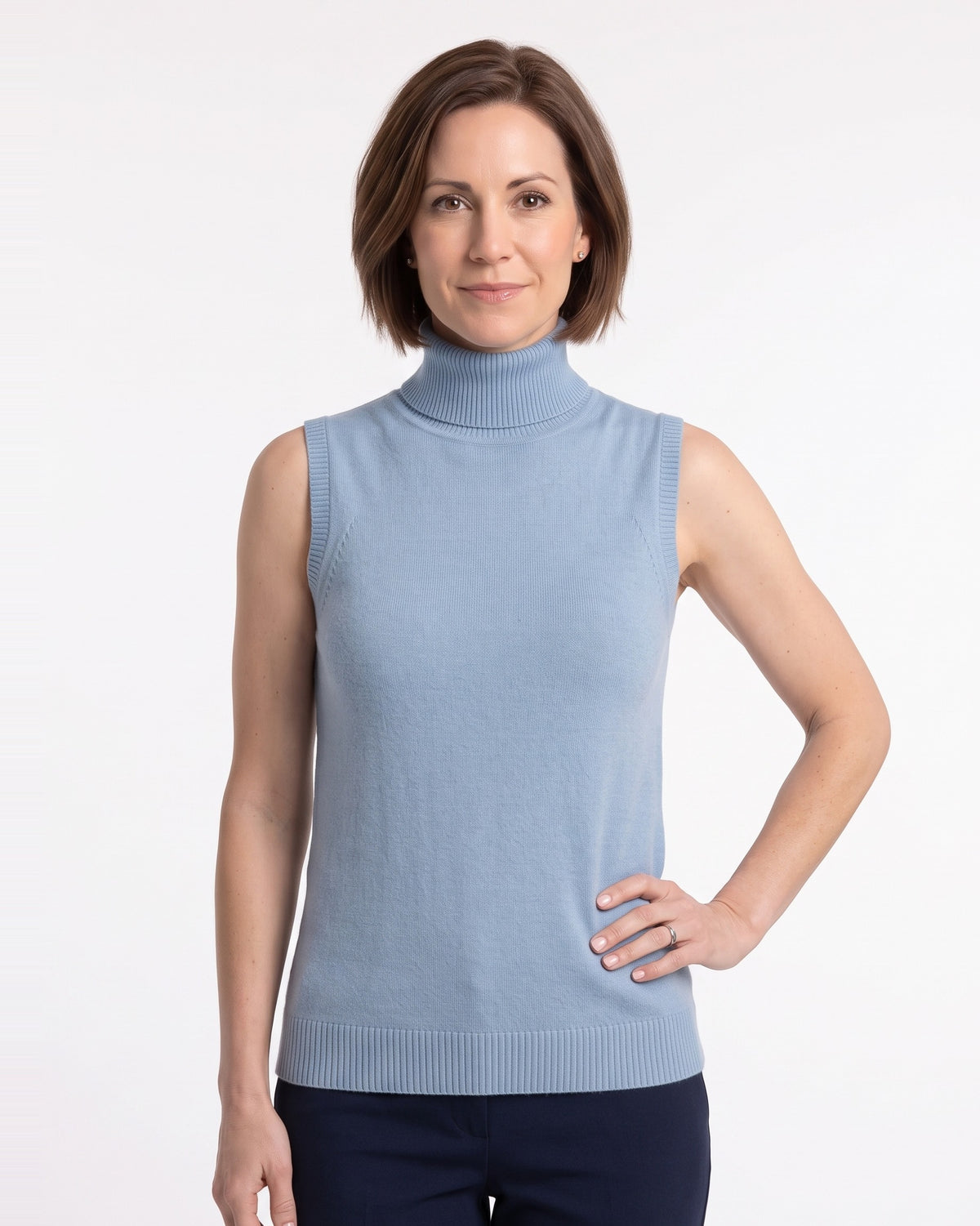 Women's blue sleeveless turtleneck sweater with ribbed knit neckline