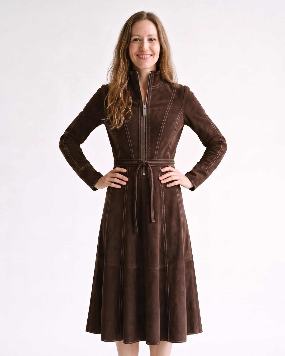 Dark brown faux suede midi dress with high neck, long sleeves, center zip, belted waist