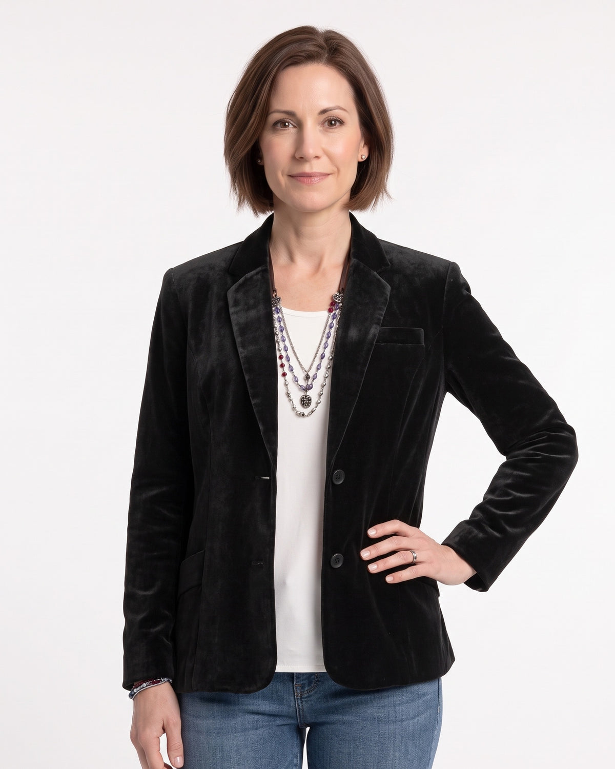 Black crushed velvet blazer with two-button front and welt pockets, single-breasted