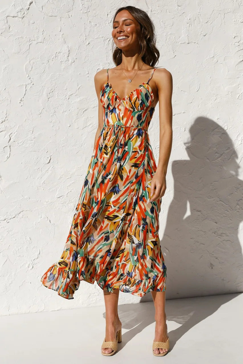 Floral spaghetti strap midi dress in orange, multi-color print, gathered waist, tiered skirt