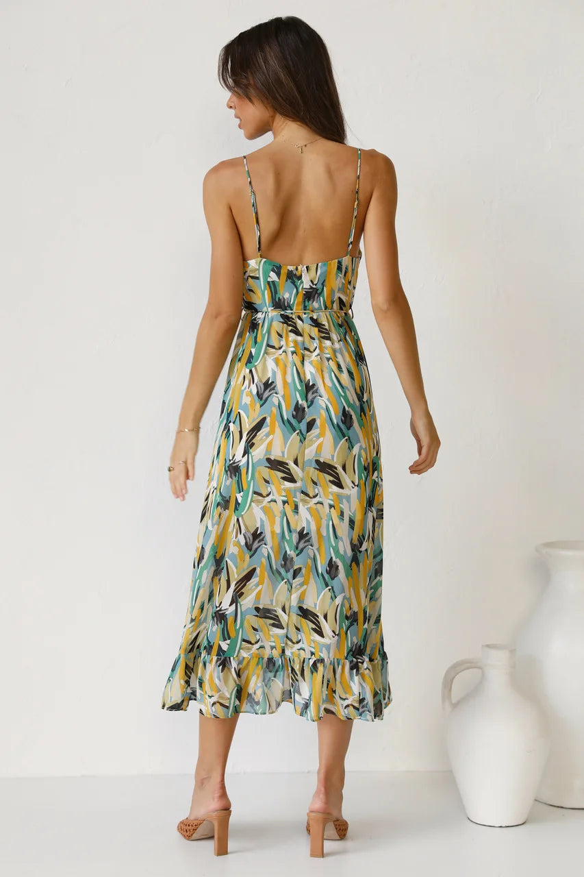 Floral spaghetti strap midi dress with low back in blue-green multi-color print, tiered skirt
