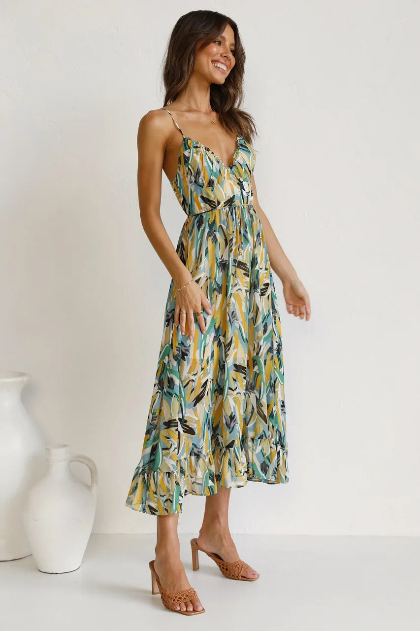 Floral spaghetti strap midi dress in blue-green multi-color print, cinched waist, tiered ruffle