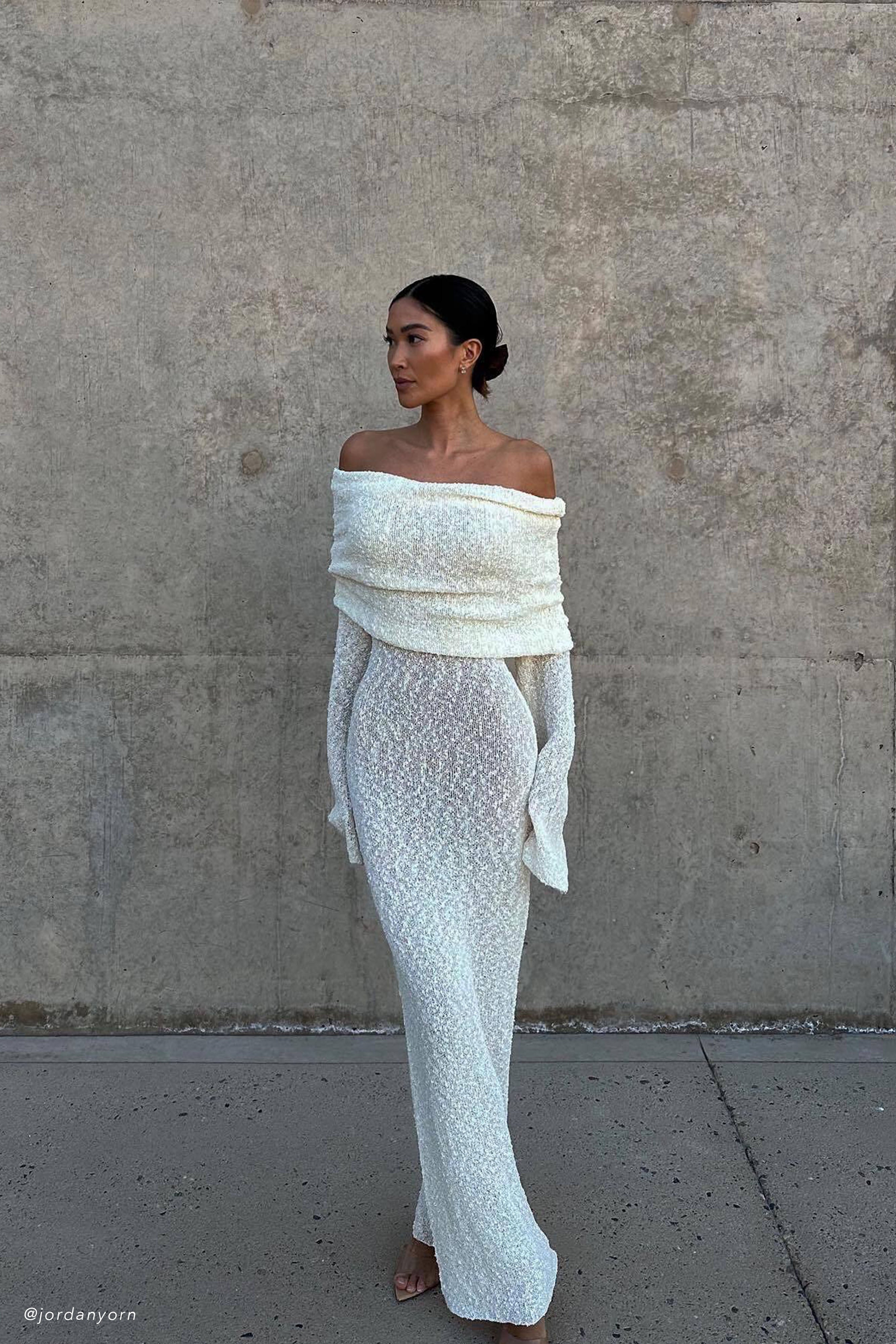 Off-white off-shoulder knit long-sleeve bodycon maxi dress with draped neckline detail